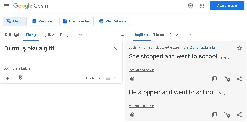 Google Translate hatalı çeviri örnekleri